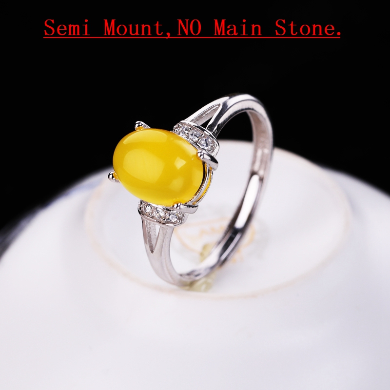 925 Sterling Silver Women Engagement Wedding Ring CZ 7x9mm Oval Cabochon Semi Mount Ring Setting fit Amber Opal Turquoise Setting