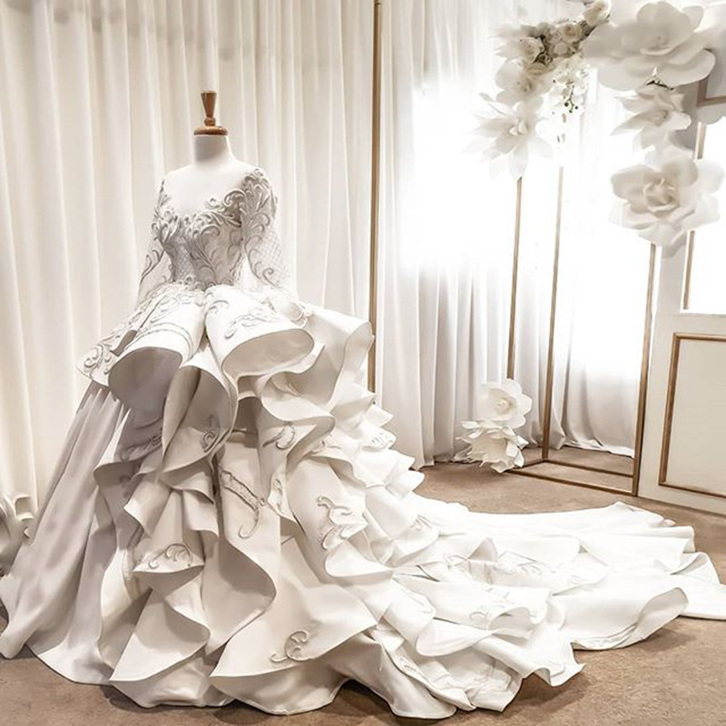 illusion long sleeve wedding dresses sheer oneck cascading ruffles chapel train arabic muslim princess wedding gown vestido de noiva