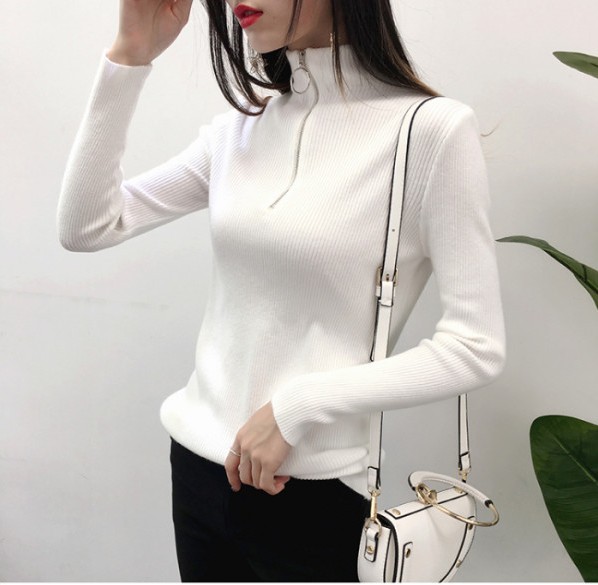 Casual Knitted Turtleneck Pullovers Sweater Women Autumn Winter Zipper Up Solid Slim Knitting Sweaters Pull Femme