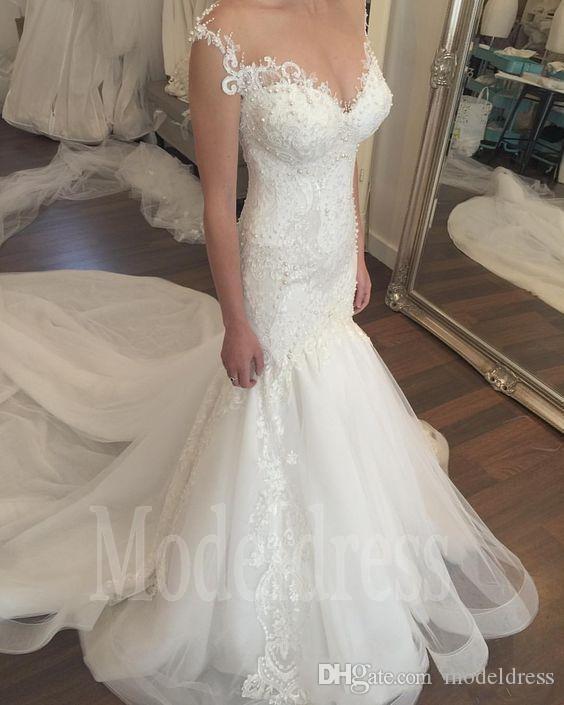 Gorgeous Lace Mermaid Wedding Gowns Sheer Neck Pearls Illusion Back Trumpet Detachable Train Vintage Bridal Dresses Plus Size Customized