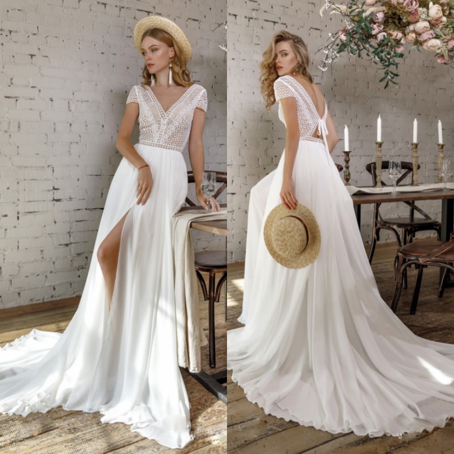 Fabulous Lace Beach Backless Wedding Dresses V Neck Front Split Bridal Gowns Bohemian A Line Sweep Train Chiffon robe de mariée, Pink
Fabulous Lace Beach Backless Wedding Dresses V Neck Front Split Bridal Gowns Bohemian A Line Sweep Train Chiffon robe de mariée, Pink