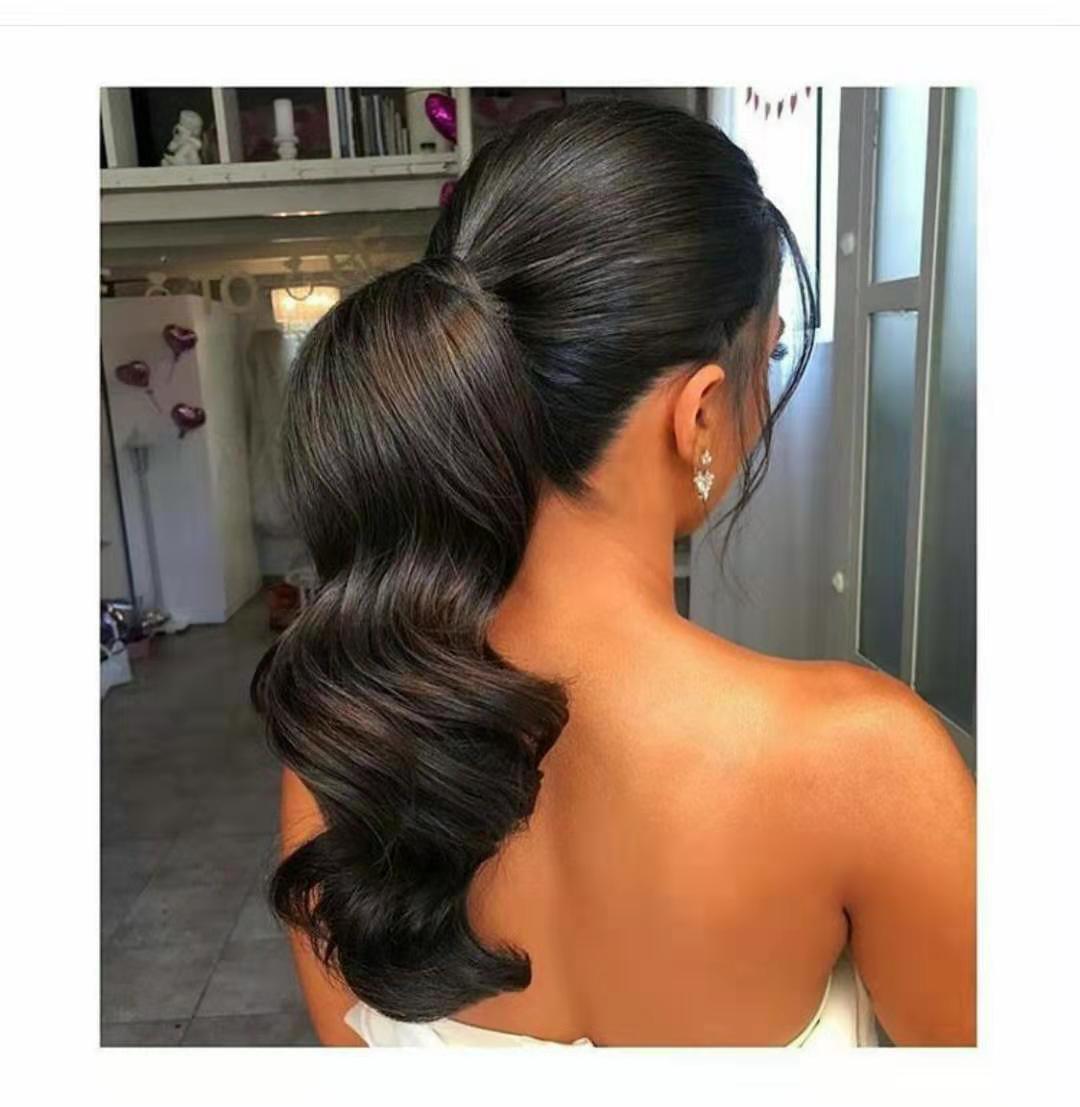 Curly Ponytail Extension Drawstring Body Wave Human Hair Long Clip in Hair Extensions Pony Tail Elastics Adjust 140g 18" 2#