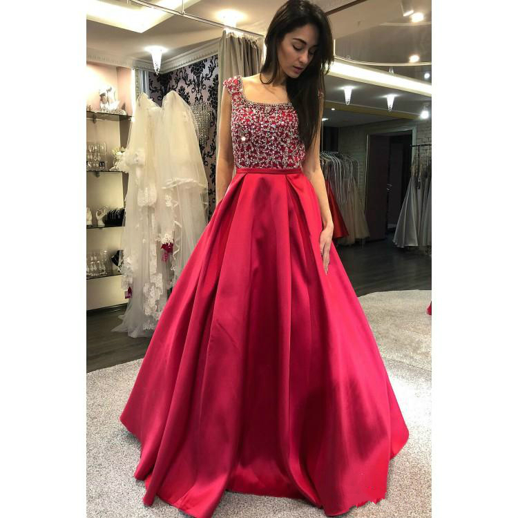 Sexy Backless Prom Dresses Long Formal Evening Gowns With Sequined Beaded A-Line Square Neck Vestidos de fiesta largos Abendkleider