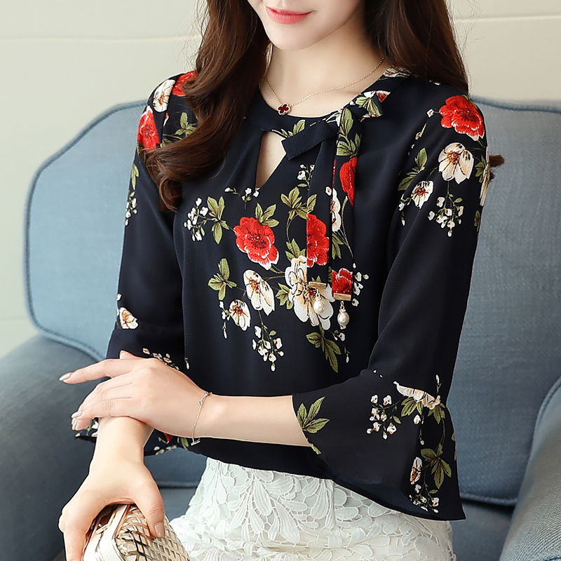 Fashion-New flower printing Women Blouses shirt flare Sleeve Chiffon women's clothing casual V Collar bow women tops Blusas