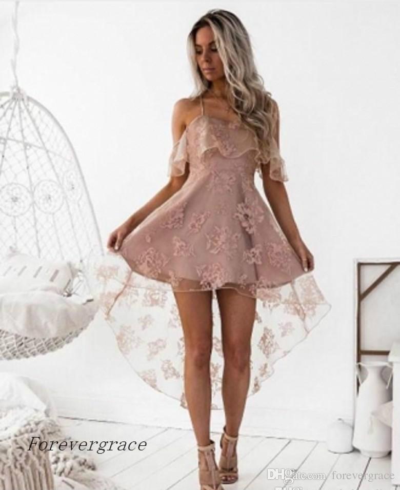 2019 Cute Pale Pink Short Homecoming Dress Vintage High Low Lace Juniors Sweet 15 Graduation Cocktail Party Dress Plus Size Custom Made