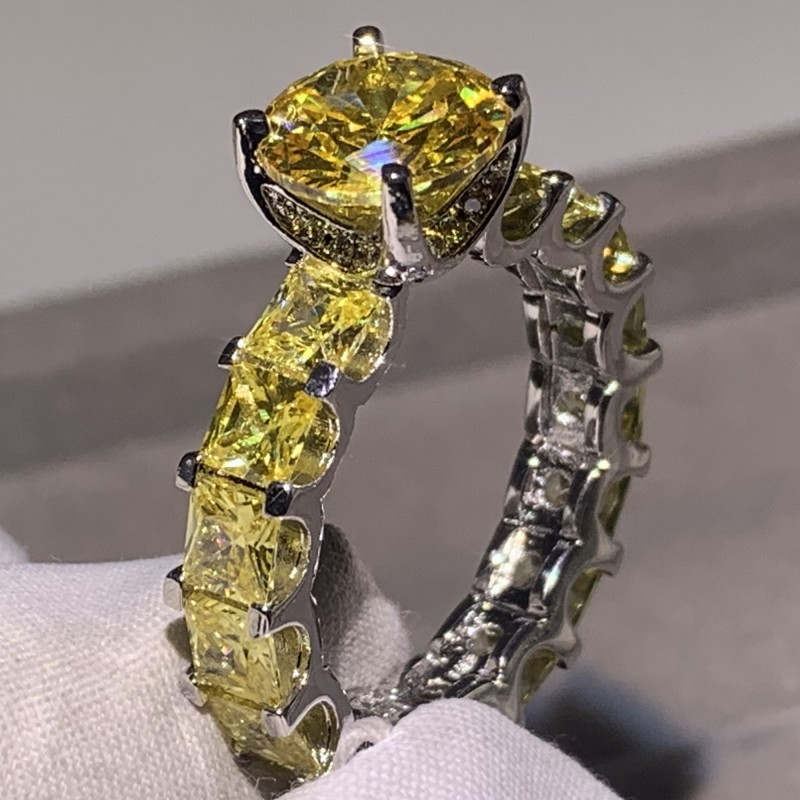 High-Quality Sterg Sier Princess Cut Yellow Topaz CZ Dia Bridal Ring for Women de38