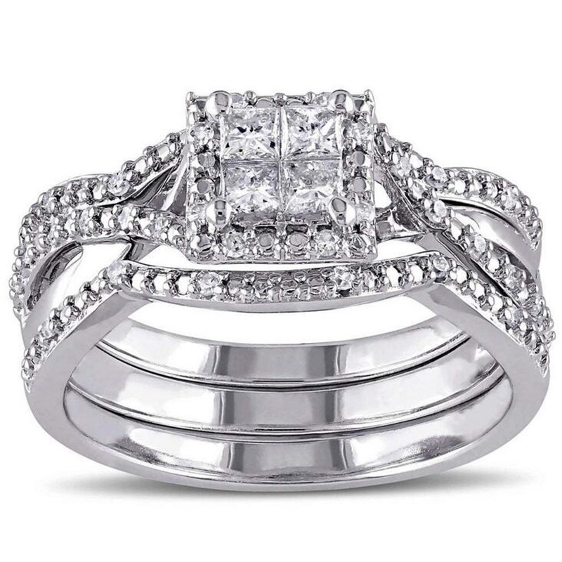 Vintage Fashion Jewelry 925 Sterling Silver Princess Cut White Topaz CZ Diamond Gemstones Trendy Party Women Wedding Bridal Ring Set Gift