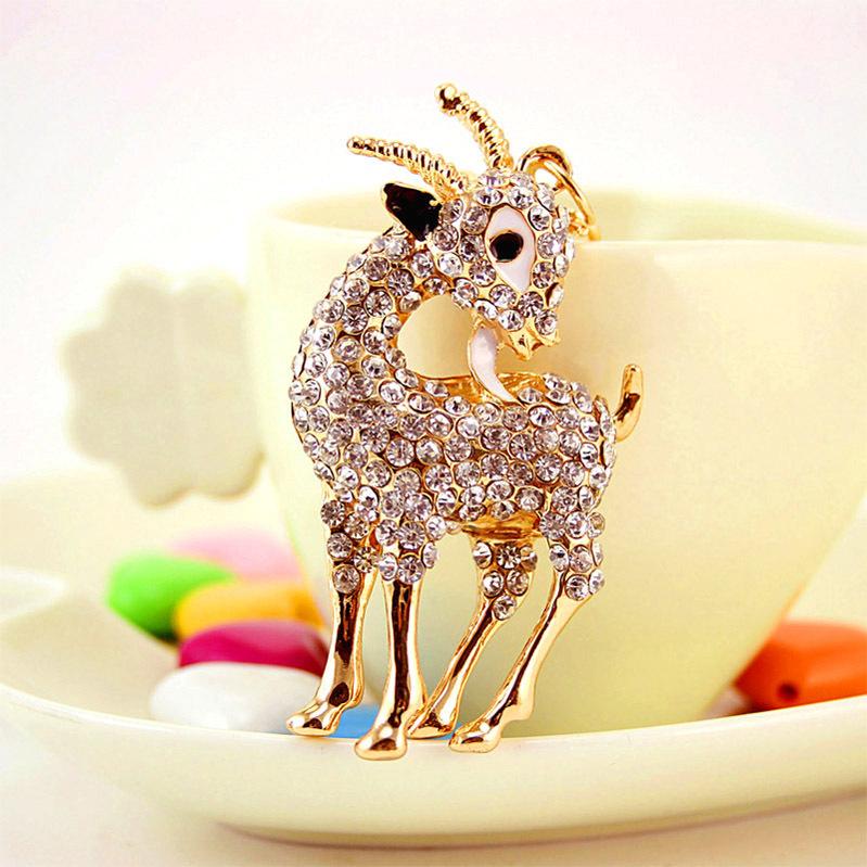 Full Rhinestone Metal Animal Goat Sheep Pendant Car Keychain Gold Tone Alloy Car Accessories Key Holder Women Bag Accessory 3pcs