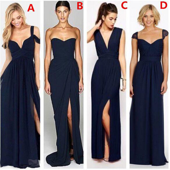 2020 New Fashion Dark Navy Blue Chiffon Beach Bridesmaid Dresses with Split Different Style Junior Bridesmaids Dress Custom Make Cheap Gown