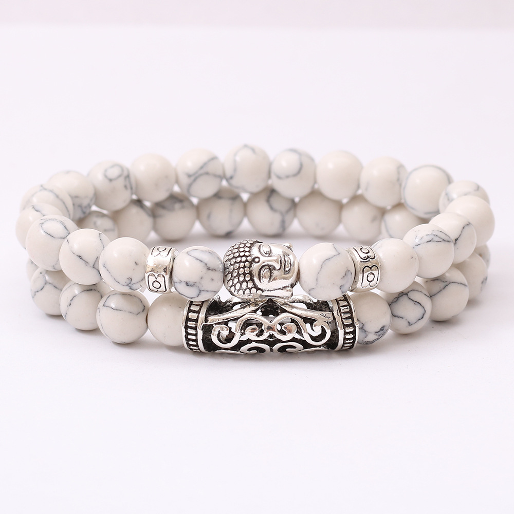 Natural Gemstone Turquoise Volcanic Rocks Tigers's eye Bead Bracelet Men Womens Double Layer Buddha Charms Stackable Bracelet Jewelry