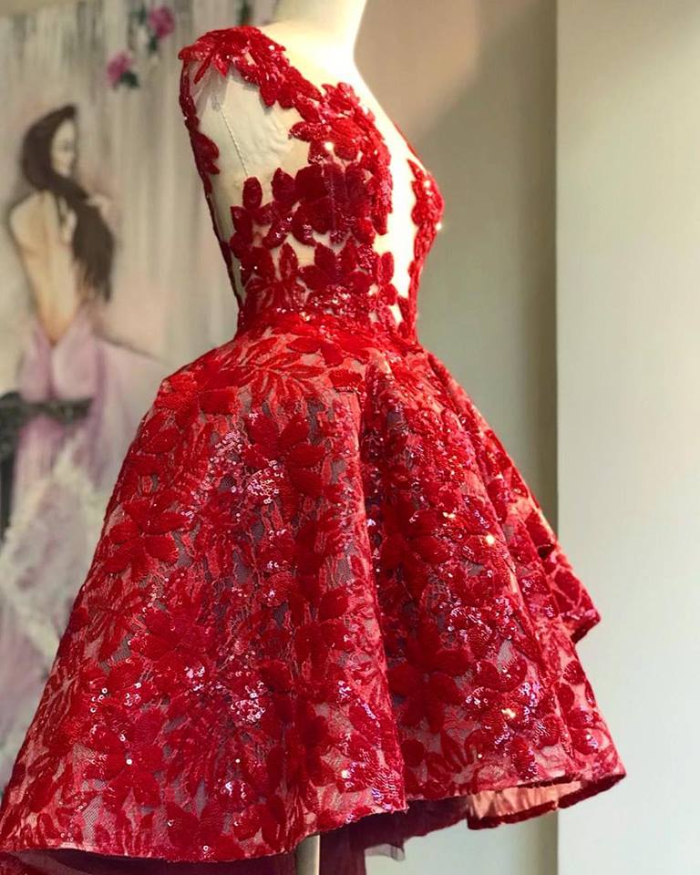 Sky Red Cocktail Party Dresses Sheer Neck Sequined Appliqued Short Prom Dress A line Knee Length Backless Homecoming Dress Custom