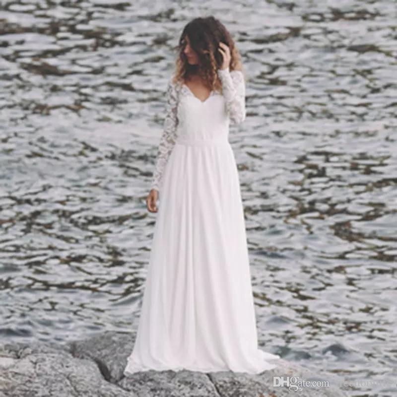 Cheap Country Beach Wedding Dresses 2019 V Neck Full Sleeve Chiffon Low Back Bohemian Bridal Gowns Slim casual Bride Vestidos De Novia