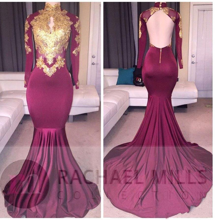 2019 African Burgundy Long Sleeve Gold Lace Prom Dresses Mermaid Satin Applique Beaded High Neck Backless Court Train Prom Party Gowns, Champagne
2019 African Burgundy Long Sleeve Gold Lace Prom Dresses Mermaid Satin Applique Beaded High Neck Backless Court Train Prom Party Gowns, Champagne