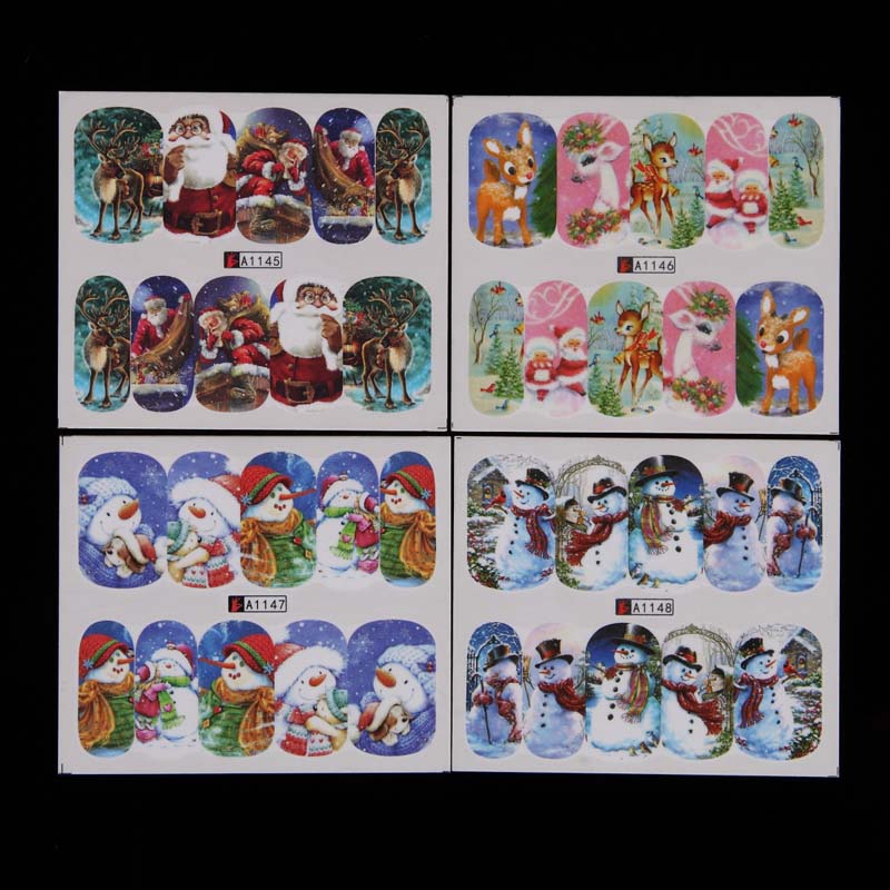 48pcs/lot Xmas Halloween Glue Nail Decals Sticker Water Transfer Nails Art Foils Wraps Gift Bat Skull Christmas Decorations