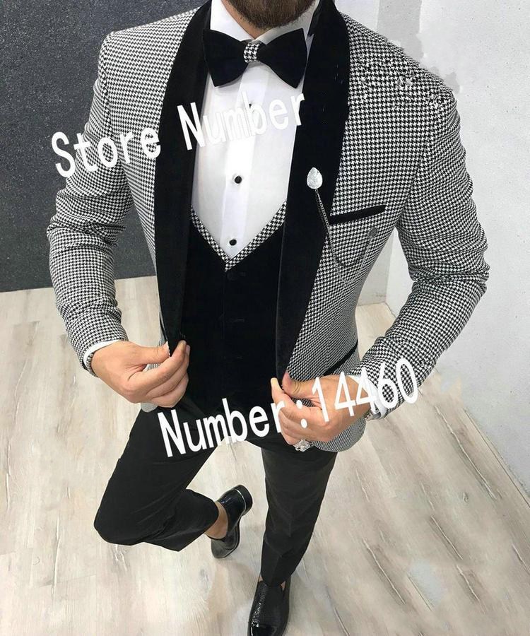 High Quality One Button Houndstooth Wedding Men Suits Shawl Lapel Three Pieces Business Groom Tuxedos (Jacket+Pants+Vest+Tie) W1085