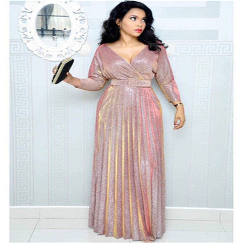 New 2020 African Dresses for Women Colorful Bronzing Pleated Mid Sleeves Large Size Dress With Belt, Pink
New 2020 African Dresses for Women Colorful Bronzing Pleated Mid Sleeves Large Size Dress With Belt, Pink