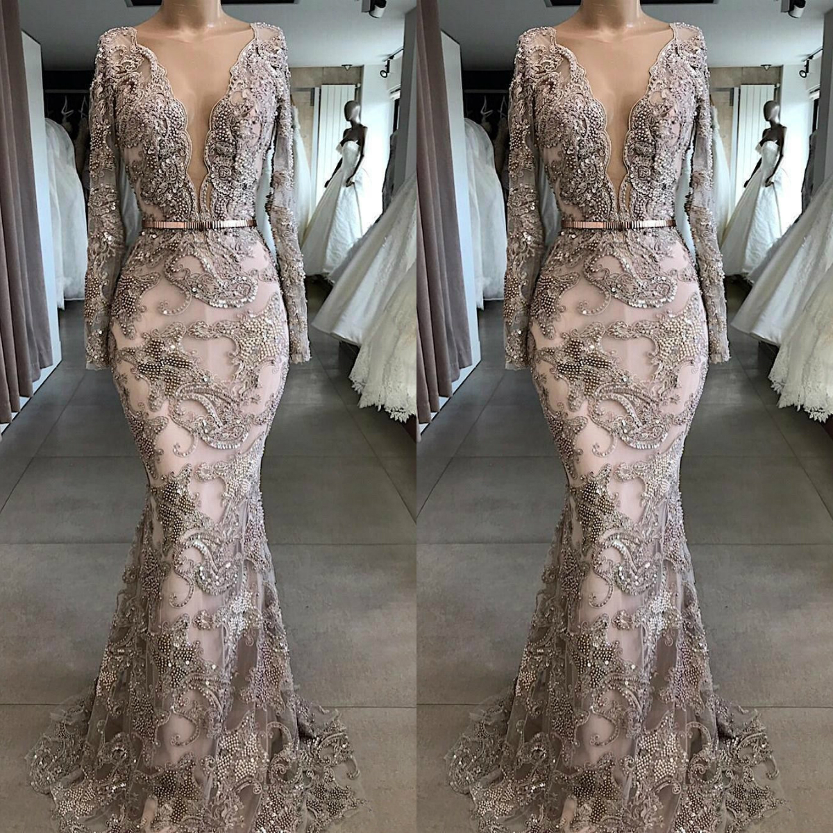 luxury beaded mermaid prom dresses long sleeves deep v neck lace pageant prom formal party gowns