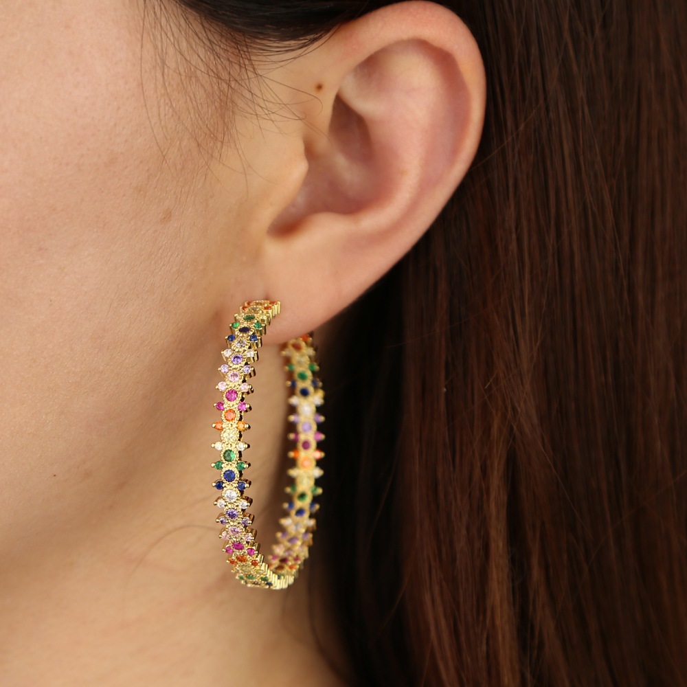 luxury Gold plated Big Hoop earring for women gorgeous luxury girlfriend gift full rainbow cz Classic Hoops jewelry