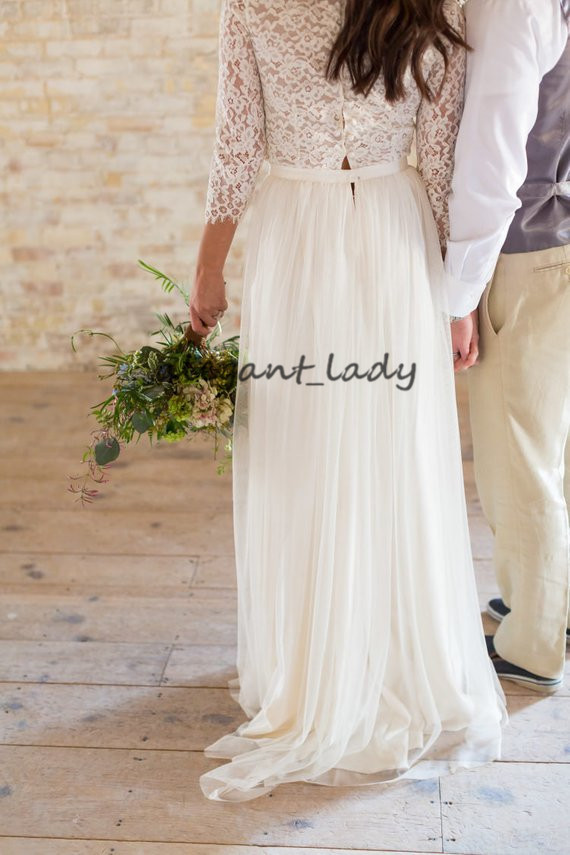 Elegant Boho Chic Lace and Tulle A Line Wedding Dress with 3/4 Sleeves Vintage Full Back Bohemian Western Bridal Gowns Cheap