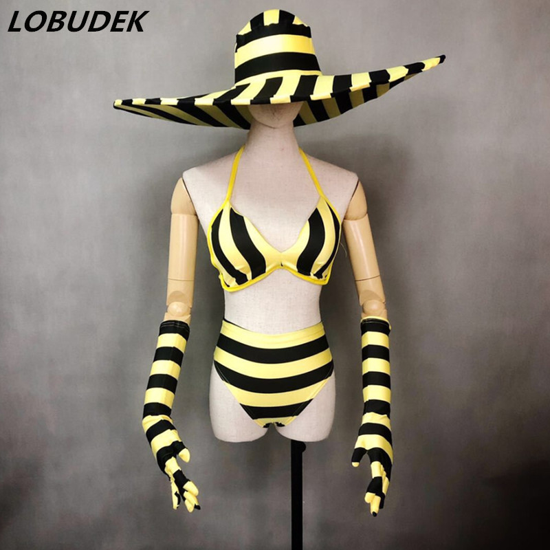 New Fluorescent Yellow Dance Costume Striped Bikini Big Hat Stage Outfit Bar Nightclub DJ Singer Leading Dance Team Sexy Costume, Set
New Fluorescent Yellow Dance Costume Striped Bikini Big Hat Stage Outfit Bar Nightclub DJ Singer Leading Dance Team Sexy Costume, Set