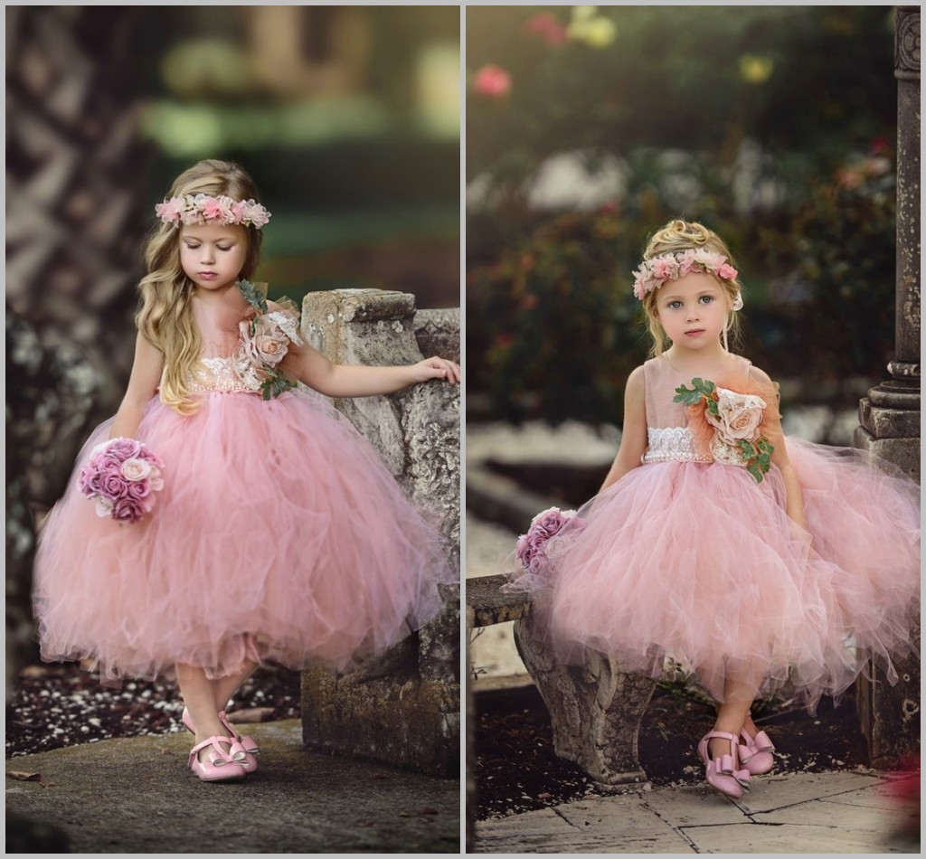 Vintage Hand Made Flower Girls Dresses For Weddings Blush Pink Ball Gown Princess Dress For little Girl Sleeveless Hot Sale Pageant Gowns