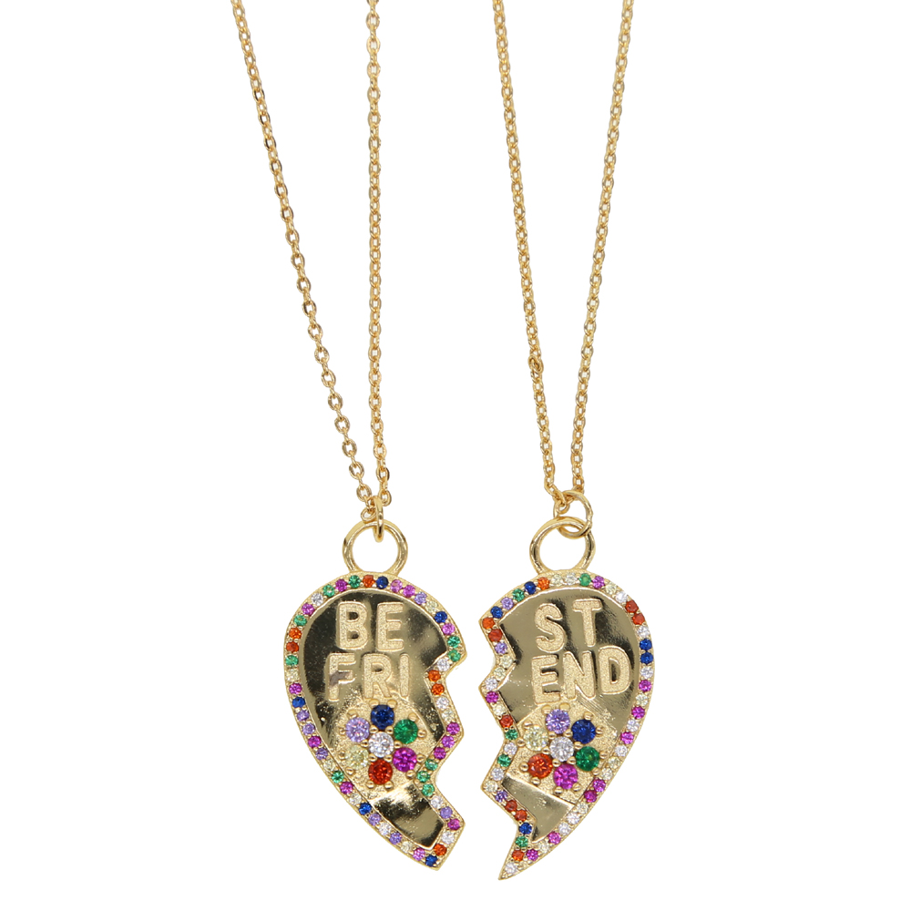 SET Brake Heart Gold plated fashion necklace best friend gift lover gift rainbow cz paved fashion jewelry