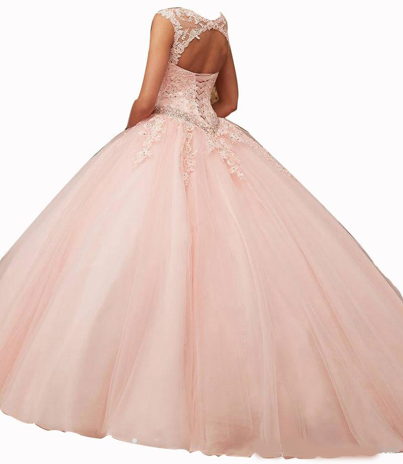 Gorgeous 2020 Quinceanera Dresses Blush Pink Bateau Neck Cap Sleeve Appliques Lace Sequins Beaded Ball Gown Sweet 16 Dresses