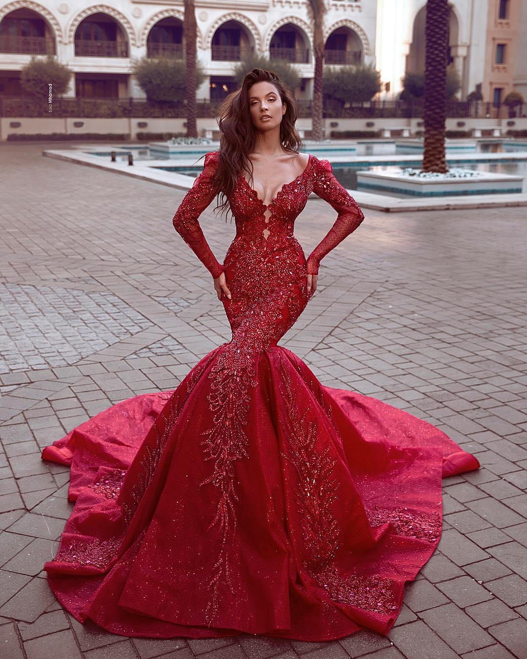 red luxurious lace evening dresses deep vneck long sleeves sequins mermaid prom dresses high split formal party pageant gowns