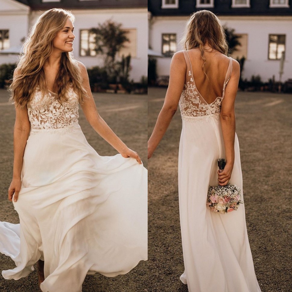 Lace Stunning Backless Beach Wedding Dresses V Neck A E Appliqued Boho Bridal Gowns Sweep Train Chiffon Robe De Mari E