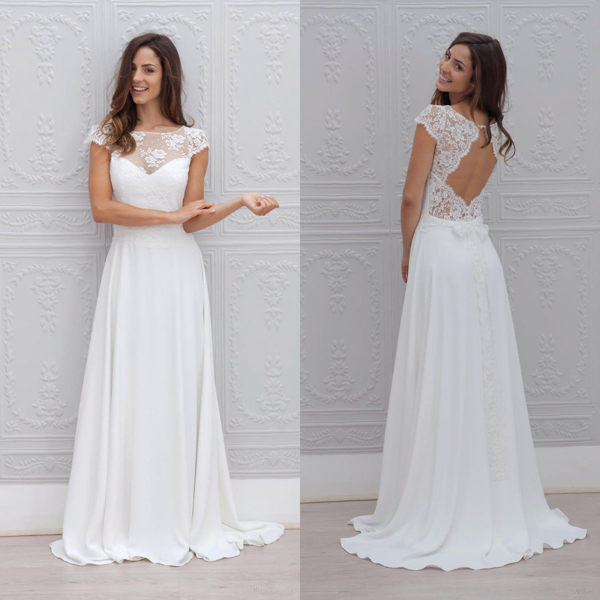 Cheap Beach Wedding Dresses Lace Top A Line Hollow Back Cap Sleeves Sweep Train Boho Wedding Dress Bow Custom Country Bridal Gowns