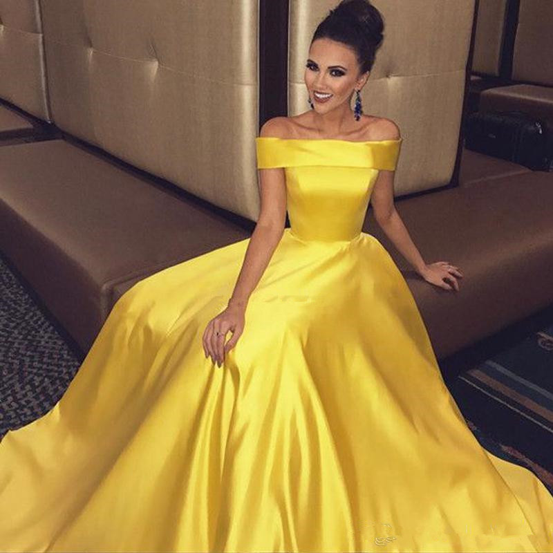 Elegant Off Shoulder Evening Dresses Yellow A Line Formal Prom Dress Long With Pockets Custom Made Cheap Party Gowns