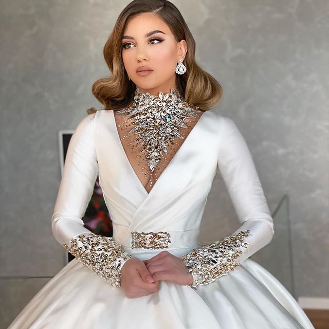 ballroom wedding dresses long sleeves beaded crystal bridal gown high neck illusion bodice sweep train vestidos de novia