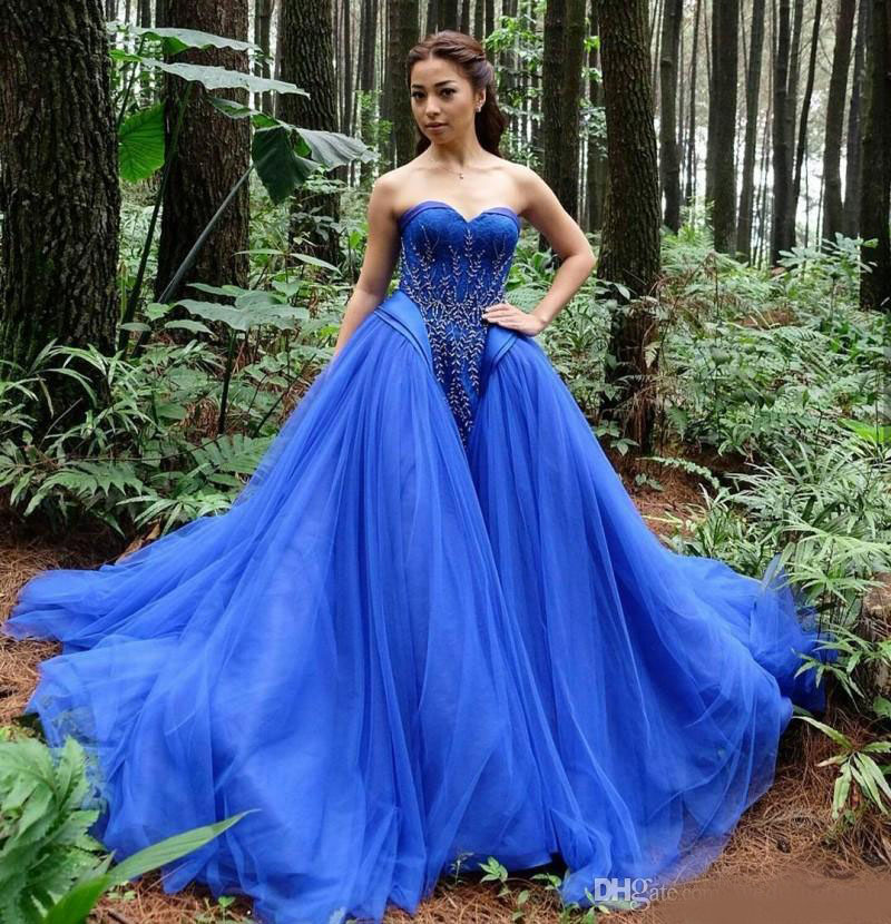 Fashion Blue Lace Ball Gown Quinceanera Dresses Sweetheart Neckline Beaded Prom Gowns Sweep Train Tulle Sweet 16 Dress