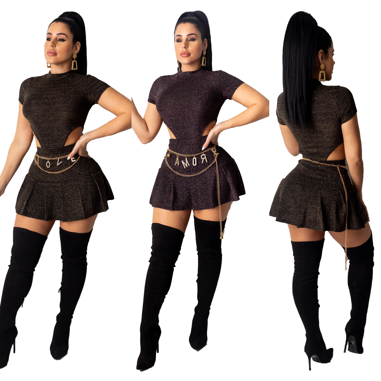 Women Set Short Sleeve Summer Fashion Tracksuit Silk Bodysuits +Skirts Suit Two Piece Set Night Club Party Fall Outfits, Black 
Women Set Short Sleeve Summer Fashion Tracksuit Silk Bodysuits +Skirts Suit Two Piece Set Night Club Party Fall Outfits, Black