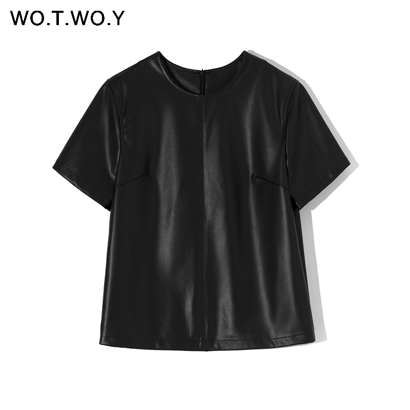 WOTWOY Spring Summer faux leather Women Tshirt Back Zipper Casual Faux Leather Black Female Tshirt Oneck Tops Women T200614
