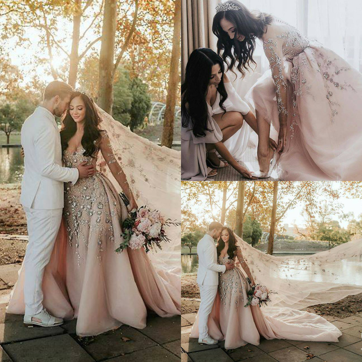 Blush Pink Mermaid Dresses Sheer Jewel Neck Lace 3D ral Appliques Crystal Detachable Overskirt Long Sleeve Wedding Dress