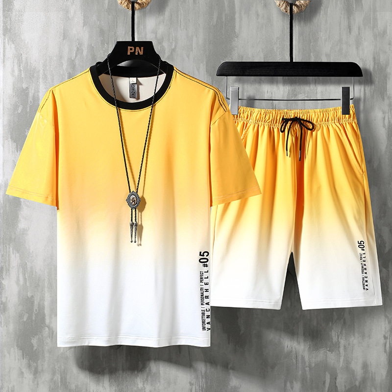 Men's Gradient Color Summer Tracksuit: 2-Piece T-Shirt + Shorts Set, Sportswear