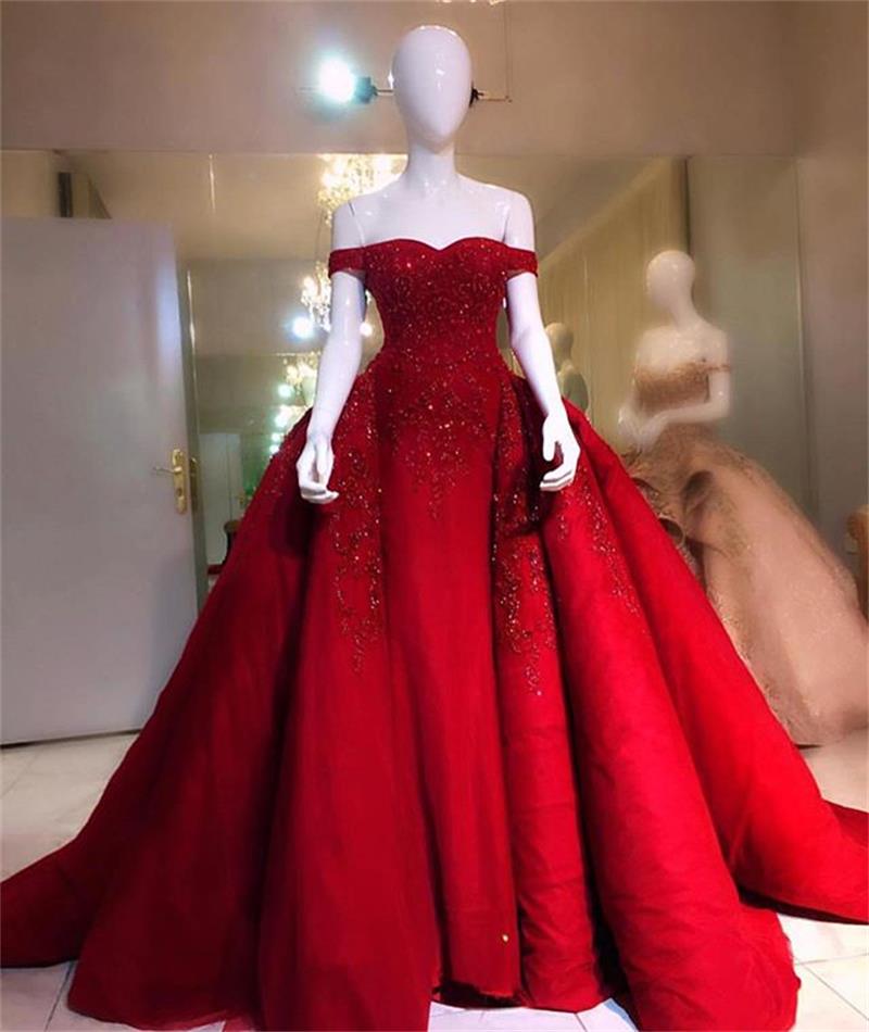 Luxury Red Mermaid Prom Dresses With Detachable Train Lace Beaded Off The Shoulder Evening Dress Abendkleider Formal Party Gowns Vestidos De