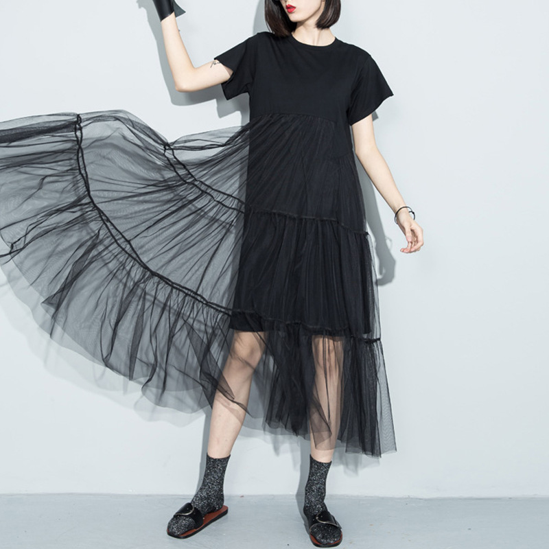 2020 Season Loose Long Skirt Short Sleeve Dress Woman, Black 
2020 Season Loose Long Skirt Short Sleeve Dress Woman, Black