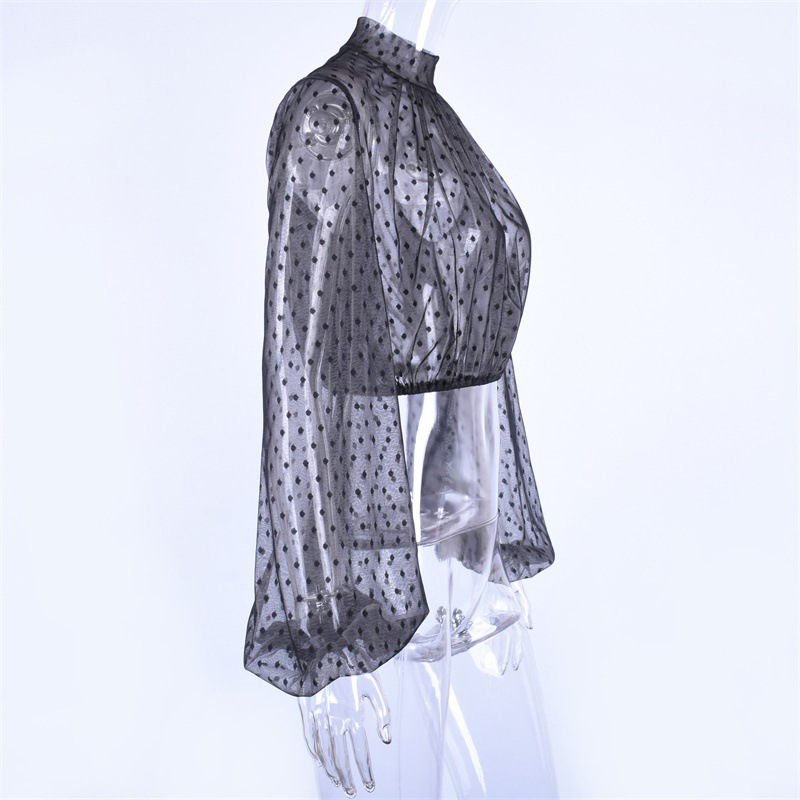 Forefair Lace Polka Dot Women Blouse Black Turtleneck Long Sleeve Cropped Mesh Top Streetwear Clubwear Transparent Sexy Crop Top11