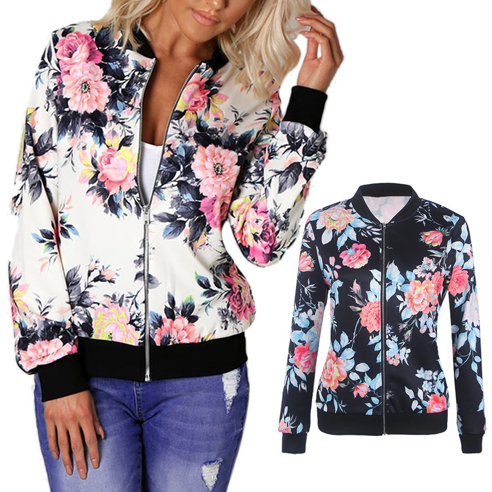 Women Retro Flower Floral Print Zipper Bomber Collar Slim Coat Casual Outwear Female Autumn Spring Jacket Fashion Ladies C19041501