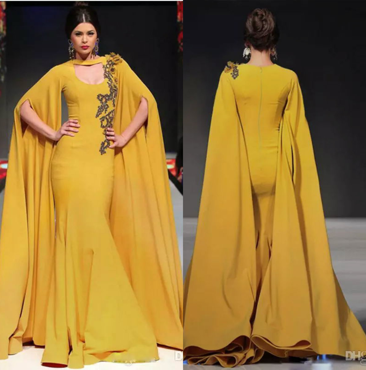arabic mermaid evening dresses with cape jewel neck with 3d floral beaded formal prom dress sweep train satin dubai red carpet gowns