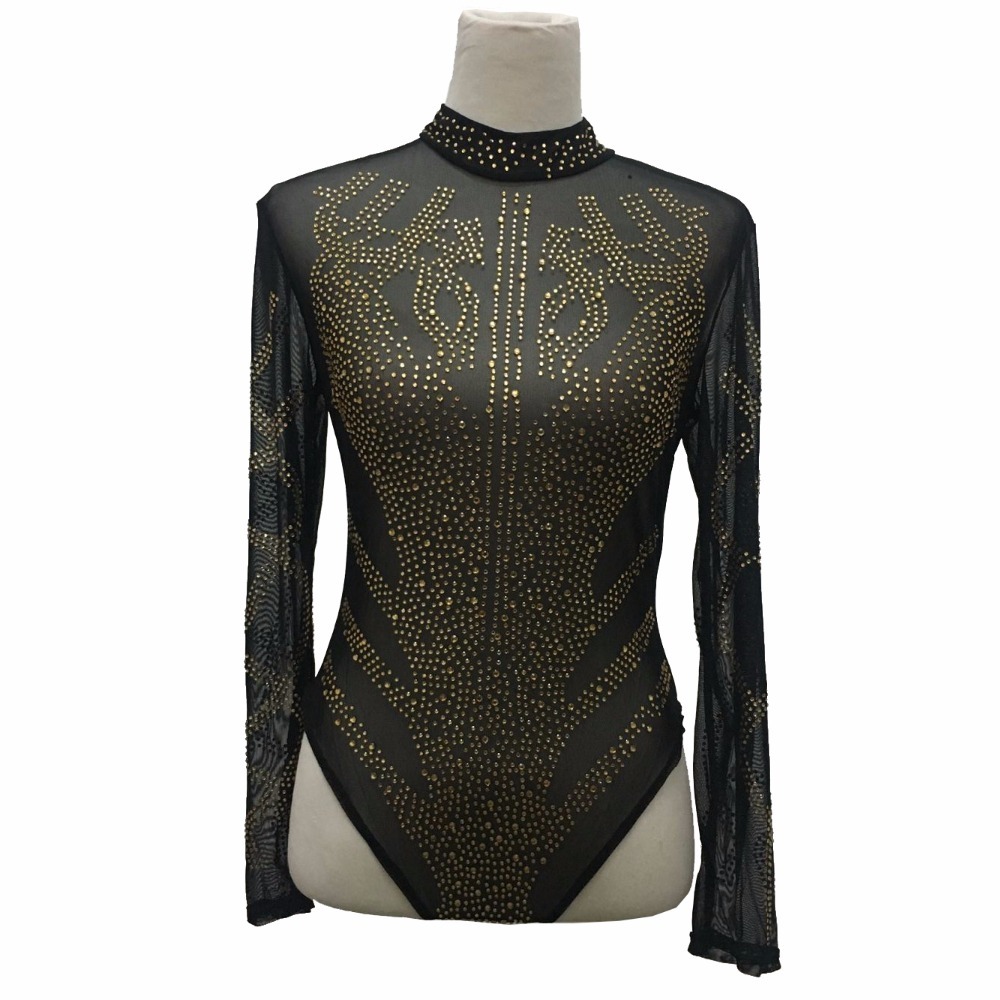 LIVA GIRL Black Sexy Mesh Rhinestone Bodysuit Women Plus Size Romper Playsuit Bodycon Jumpsuit Female Long Sleeve Body Tops XXL