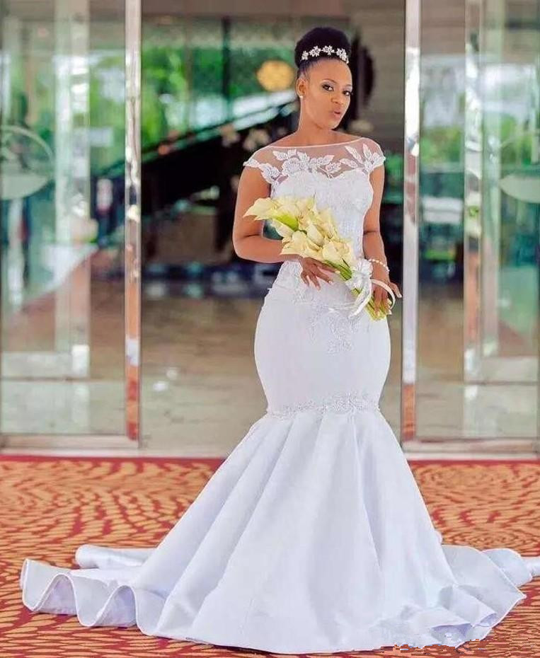 Plus Size Mermaid Wedding Dresses Cap Sleeve Lace Sheer Neck Bridal Gowns Appliques Sweep Train South African Cheap Wedding Gown