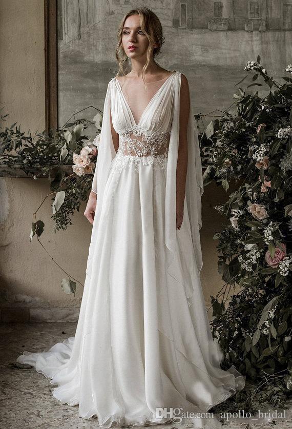 Beach A Line Wedding Dresses Boho V Neck Chiffon Sweep Train Backless Lace Applique Chiffon Backless Plus Size Wedding Dress Bridal Gowns