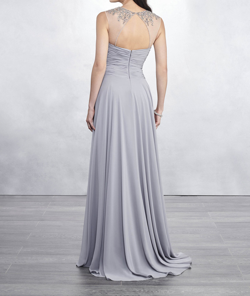 Light Gray Chiffon Bridesmaid Dress Sheer Neckline with Beads Open Back Floor Length Pleats Chiffon Bridesmaid Gowns