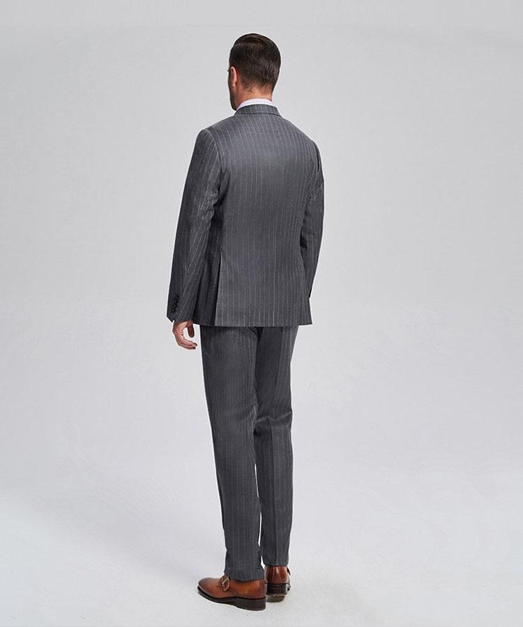 Classic Style Double Breasted Gray Strips Groom Tuxedos Peak Lapel Men Suits Wedding/Prom/Dinner Best Man Blazer (Jacket+Pants+Tie) W263