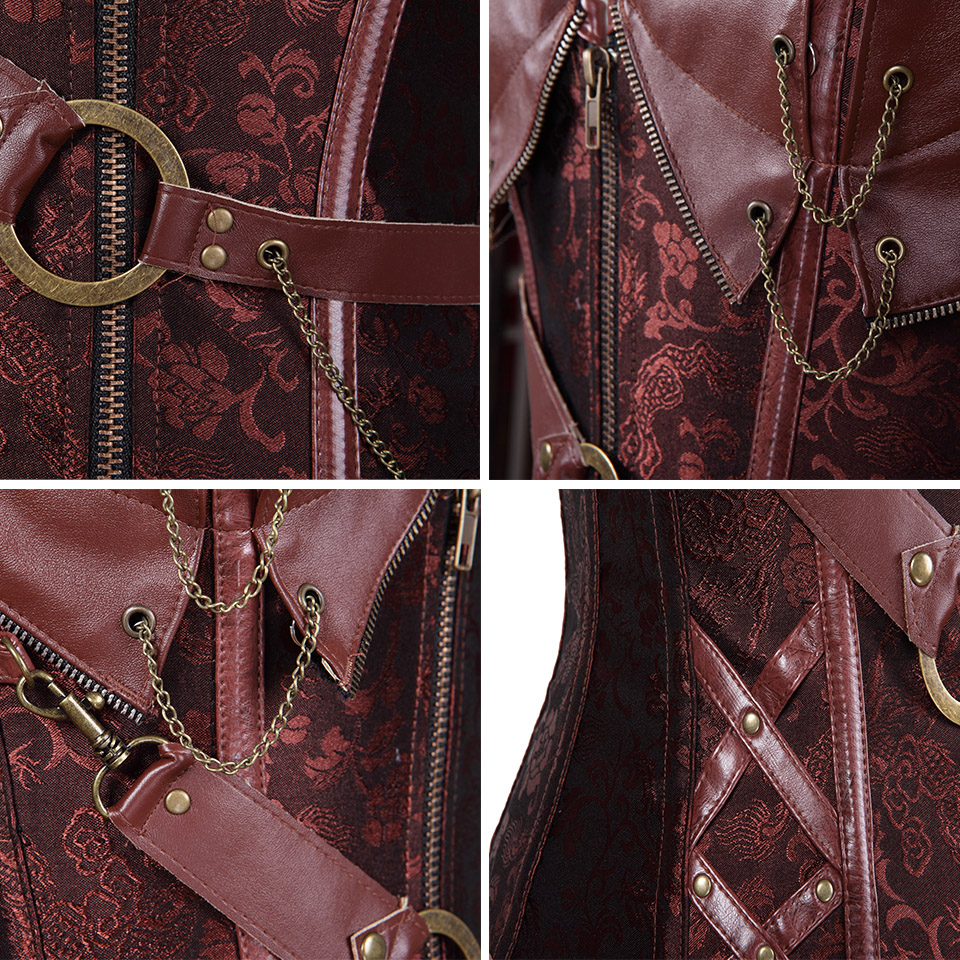 Zipper Brocade Steampunk Corset Halterneck Retro Bustiers Corsets Plus Size S-6XL Women's Clubwear Sexy Lingerie Corset Top with Chains