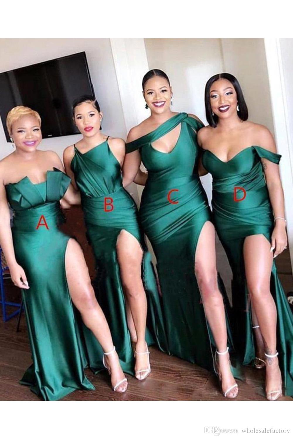 One Pcs African Green Split Bridesmaid Long Satin Ruched Maid of Honor Dress Mermaid Wedding Guest Plus Size Dresses 2024