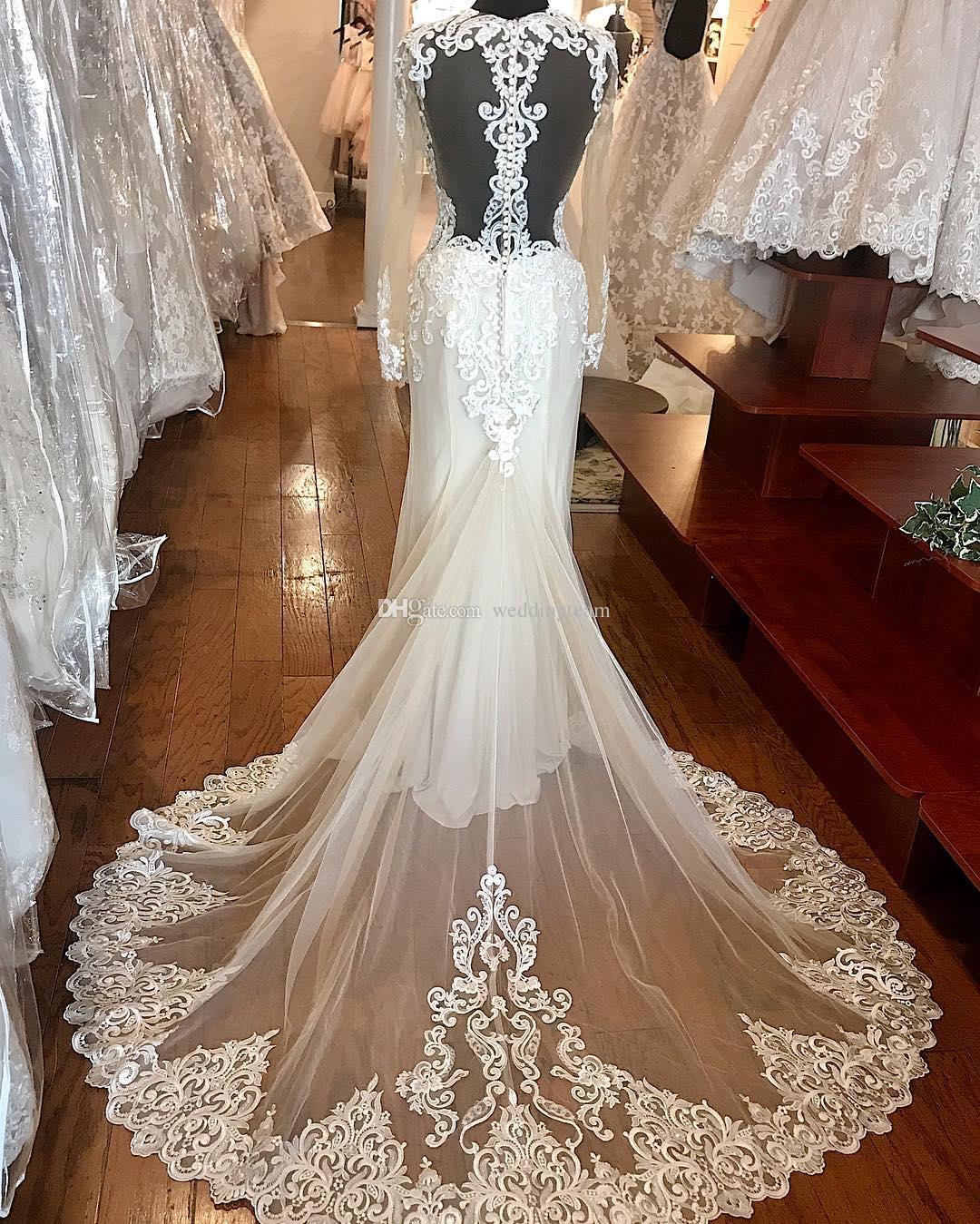 Graceful Lace Mermaid Wedding Dresses Sweetheart Neck Long Sleeves Backless Bridal Gowns Plus Size Appliqued Wedding Dress Cheap